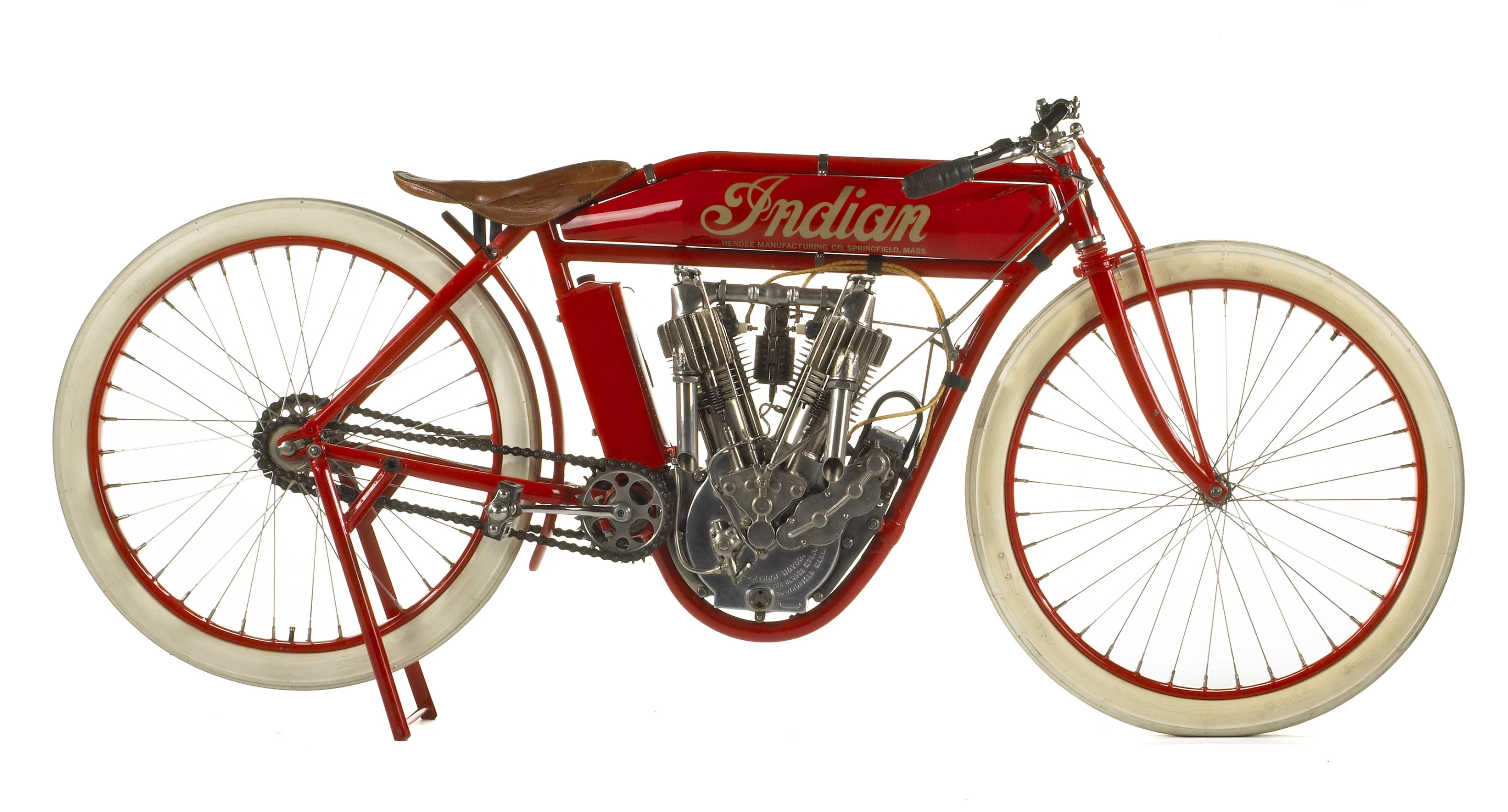 This 1912 Indian V-Twin Board-Track Racer was restored by Stephen Wright and sold for $61,500
