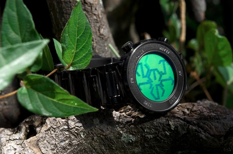 The watch casing is available in black or silver, while the face itself is offered in blue, purple and green
