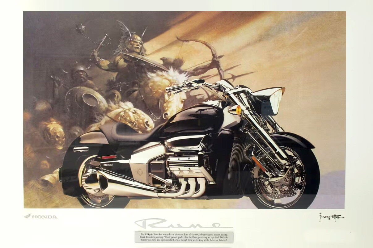 One of the next models to use the eight-cylinder GL2000 motor is rumored to be a rolling sculpture cruiser similar to Honda's Valkyrie Rune. When the Valkyrie was released in 2003, Honda commissioned a series of limited edition prints of the bike superimposed on the Frank Frazetta painting "The Huns." The prospect of an eight-cylinder automatic motorcycle with the visual presence of King Kong is an enticing one.