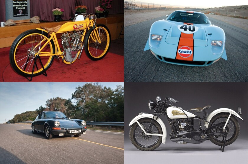 Just a few examples of Steve McQueen's Midas Touch. Top left is the 1915 1000cc bevel-driven OHC V-twin Cyclone Board Track Racer owned by McQueen. It attracted the highest genuine bid ever for a motorcycle at auction, fetching $852,500 to become the most expensive bike ever sold at auction. At top right is the 1968 Ford Gulf GT40 used in the McQueen film, Le Mans. It is the most expensive piece of movie memorabilia in history and the most expensive American car ever sold at auction. It fetched $11,000,000 at an RM-Sotheby's auction during Monterey Car Week in 2012. Bottom left is the 1970 Porsche 911S driven through the French countryside at ballistic speed by Steve McQueen for the first three minutes and 40 seconds of the 1971 film Le Mans. It fetched ten times it's book value ($1.37 million) at an RM-Sotheby's auction in Monterey in August, 2011. Bottom right is a 1934 Indian Sport Scout that sold for US$177,500 at a Bonhams sale of Steve McQueen Sale of Collectors' Motorcycles in San Francisco in 2006. Indian was McQueen's favourite marque.