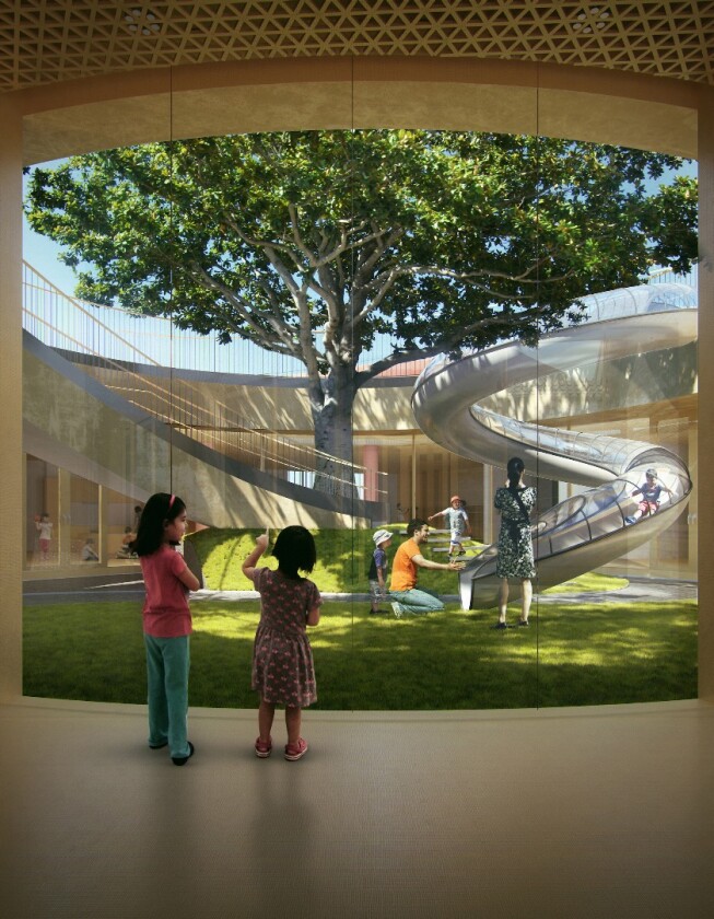 The Courtyard Kindergarten's design ensures that three trees on the site are left undisturbed