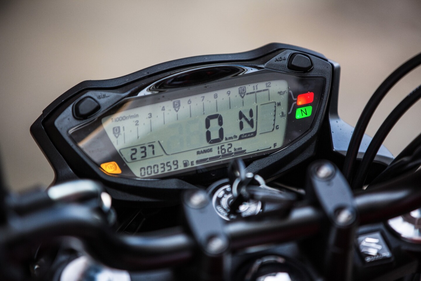 Suzuki SV650: digital dash is a standout feature. Nice big speedo readout, clock, tacho, fuel gauge, trip meter and range to empty - plus a gear position indicator, which is nice.