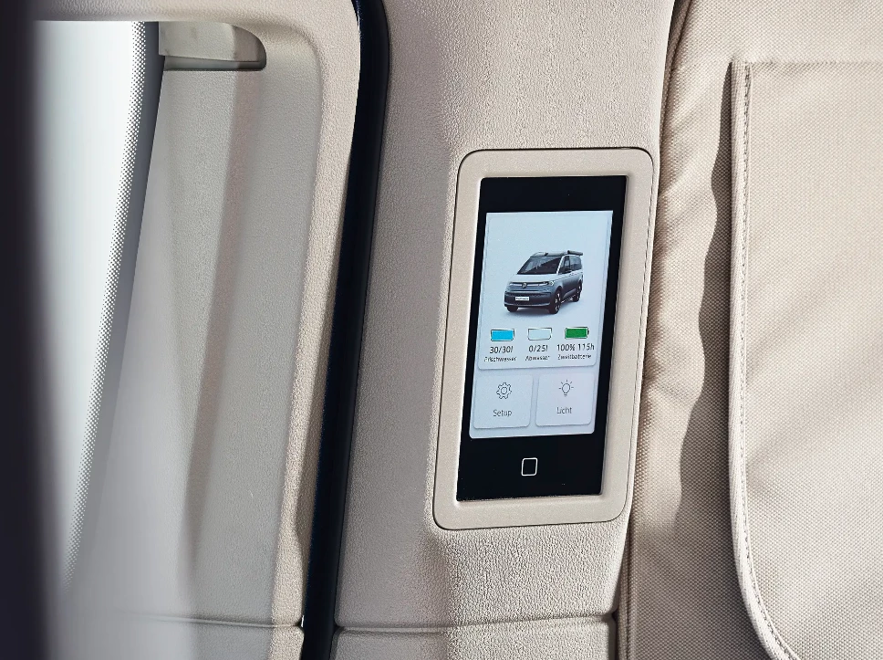 Shown here on the smaller Volkswagen California, the new portait-oriented color touchscreen now comes standard on the 2025 Grand California