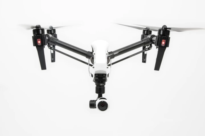 The DJI Inspire 1, with its landing gear and prop arms raised for flight