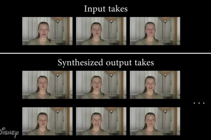 FaceDirector takes prerecorded shots (top) and combines the actor's different facial expressions from each one