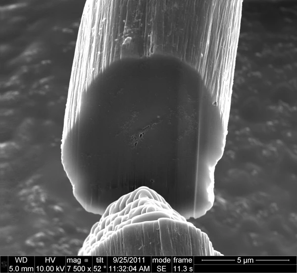 Cross section of a test fiber, which was taken with a scanning electron microscope, shows only a few open gaps inside the fiber