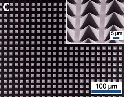 The pyramid patterns created in a polymer sheet increase current production in the new triboelectric generator (Image: Zhong Lin Wang)