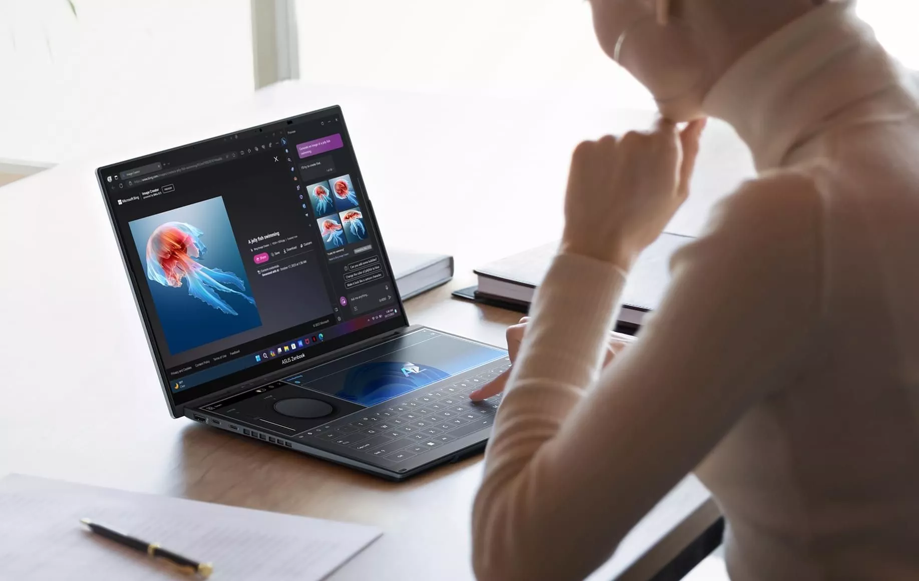 The lower display can be used with a virtual keyboard, or the Bluetooth keyboard can be positioned on top, for a traditional laptop experience