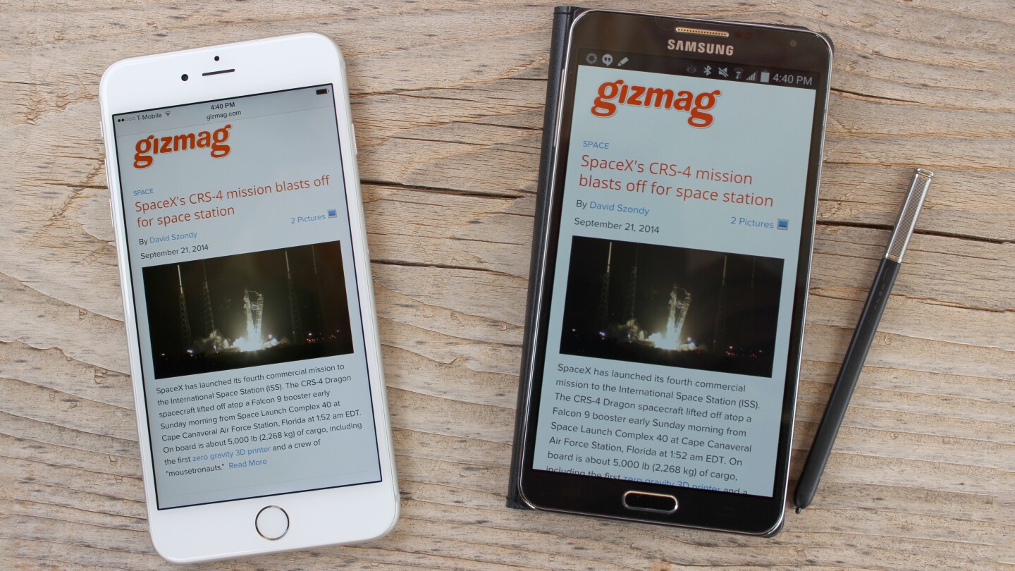The iPhone 6 Plus (left) and Galaxy Note 3 (Photo: Will Shanklin/Gizmag.com)
