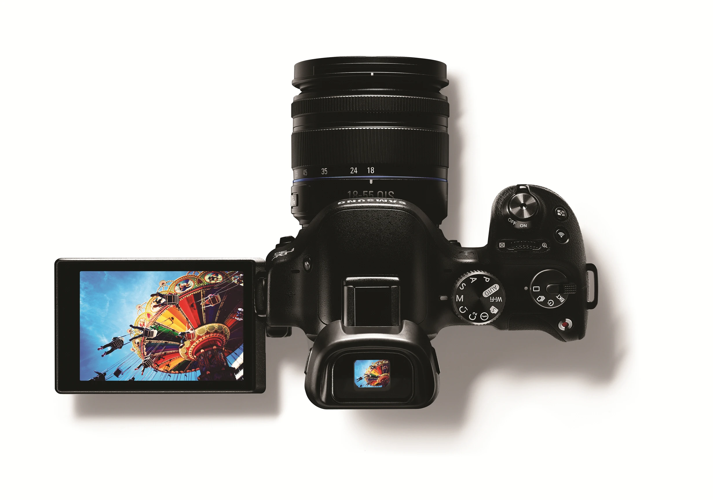 The rear monitor on the Samsung NX30 can move from side to side up to 180 degrees, and upward and downward up to 270 degrees