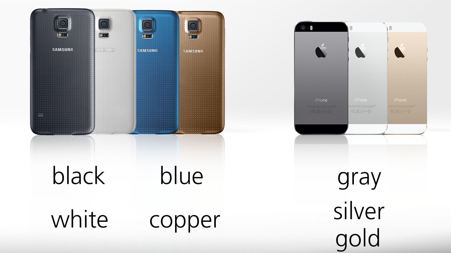Four color options for the GS5, three for the iPhone