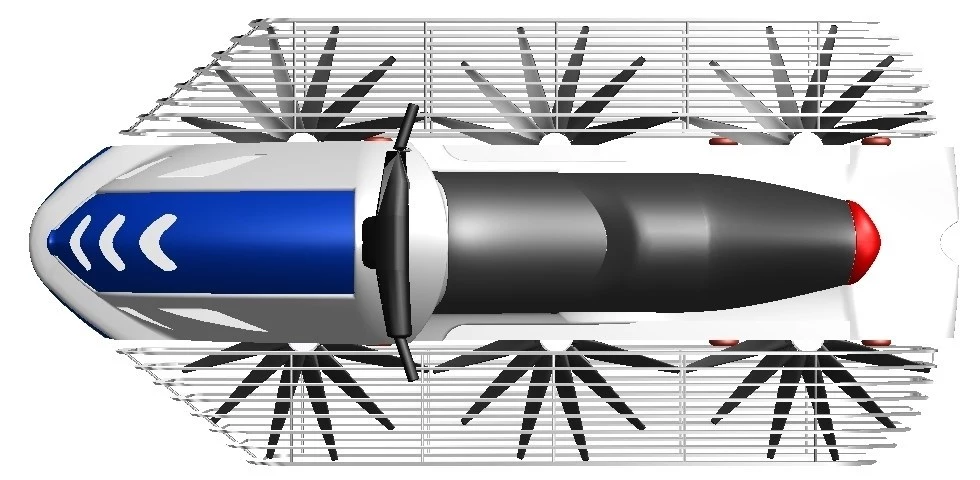 Large hemispherical lift rotors rapidly flatten out their blades as they pass back under the body of the hoverbike