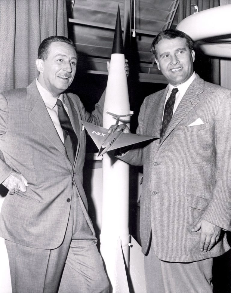 Walt Disney and Werner von Braun showing off an early space mission proposal