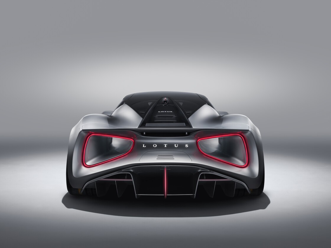 On the Lotus Evija giant venturi tunnels exit at the rear, rimmed by the taillights