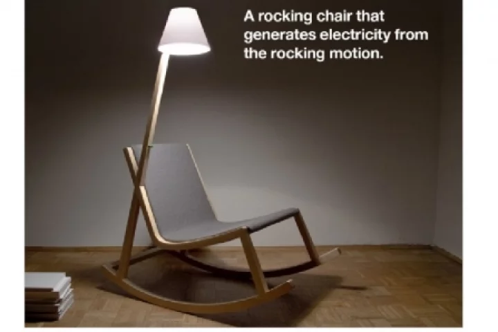The Murakami Rocking Chair powers its own reading lamp through a gentle rocking motion created by its user