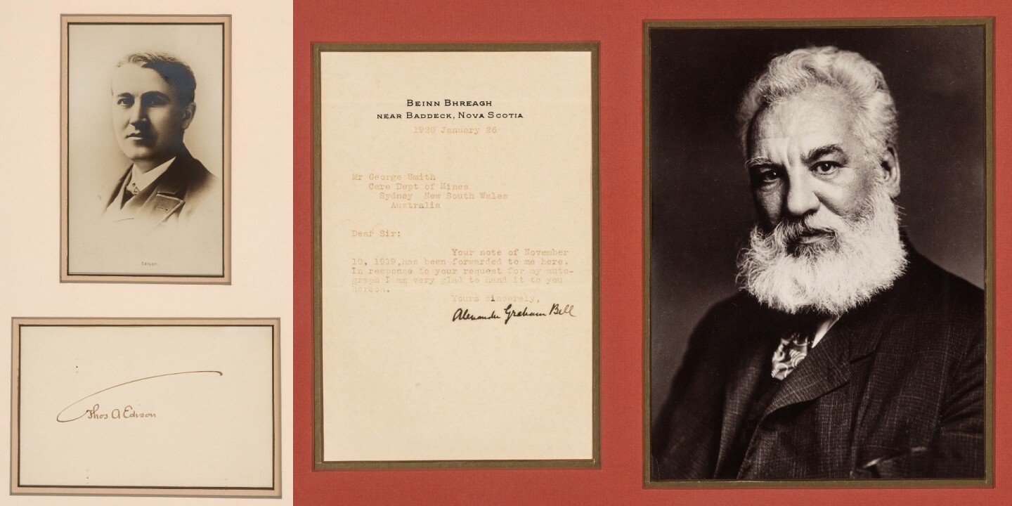 With an estimate of just $400 to $600, this group of framed autographs of three giants of modern technology would be the steal of the auction. Thomas Edison, Alexander Graham Bell, and Guglielmo Marconi all had a profound influence on the modern world with their inventions: the electric light, the telephone, radio, the phonograph, the telegraph, motion pictures ...