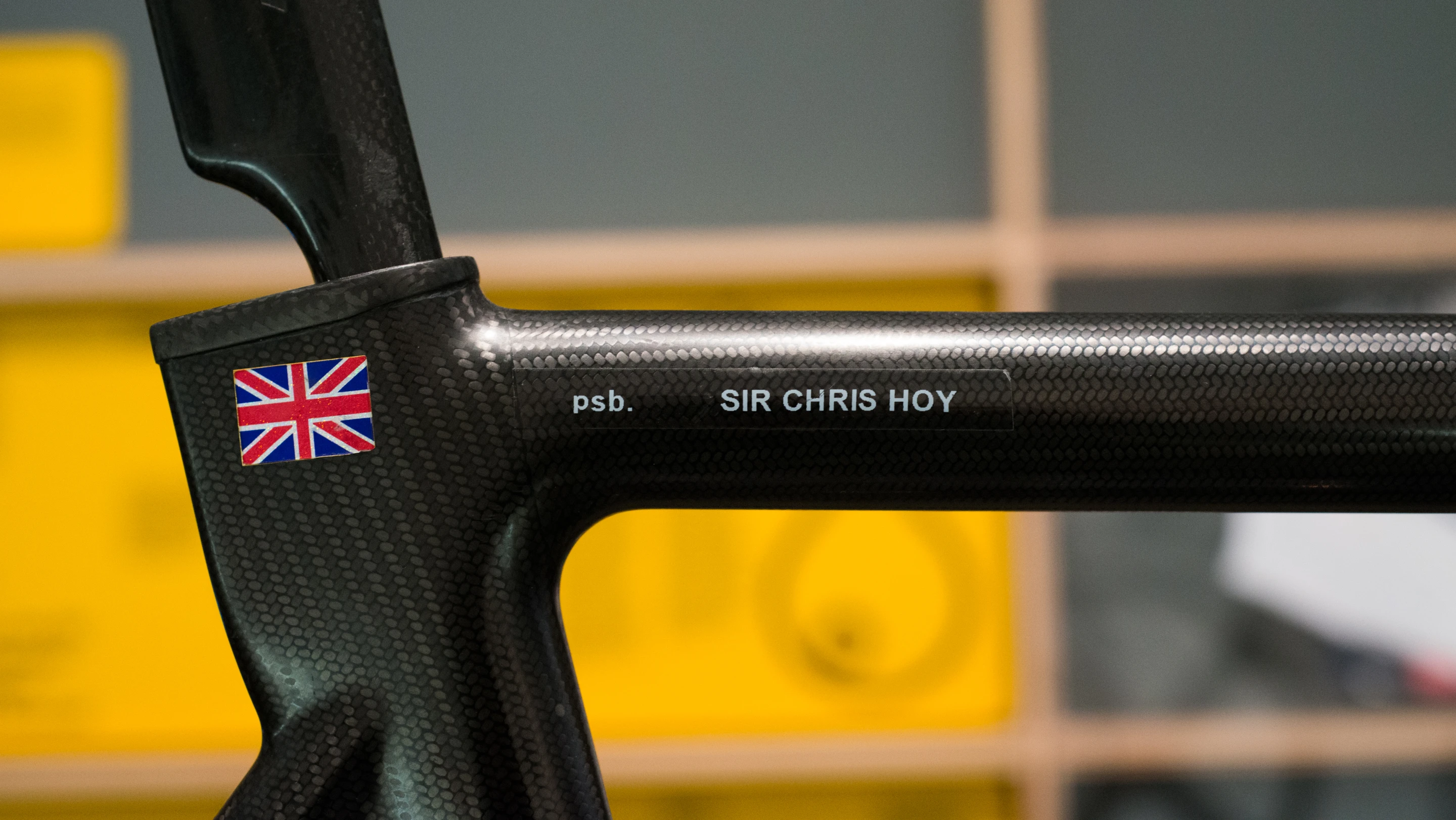 A close-up of the iconic carbon fiber track bike ridden by Chris Hoy during the 2012 London Olympics