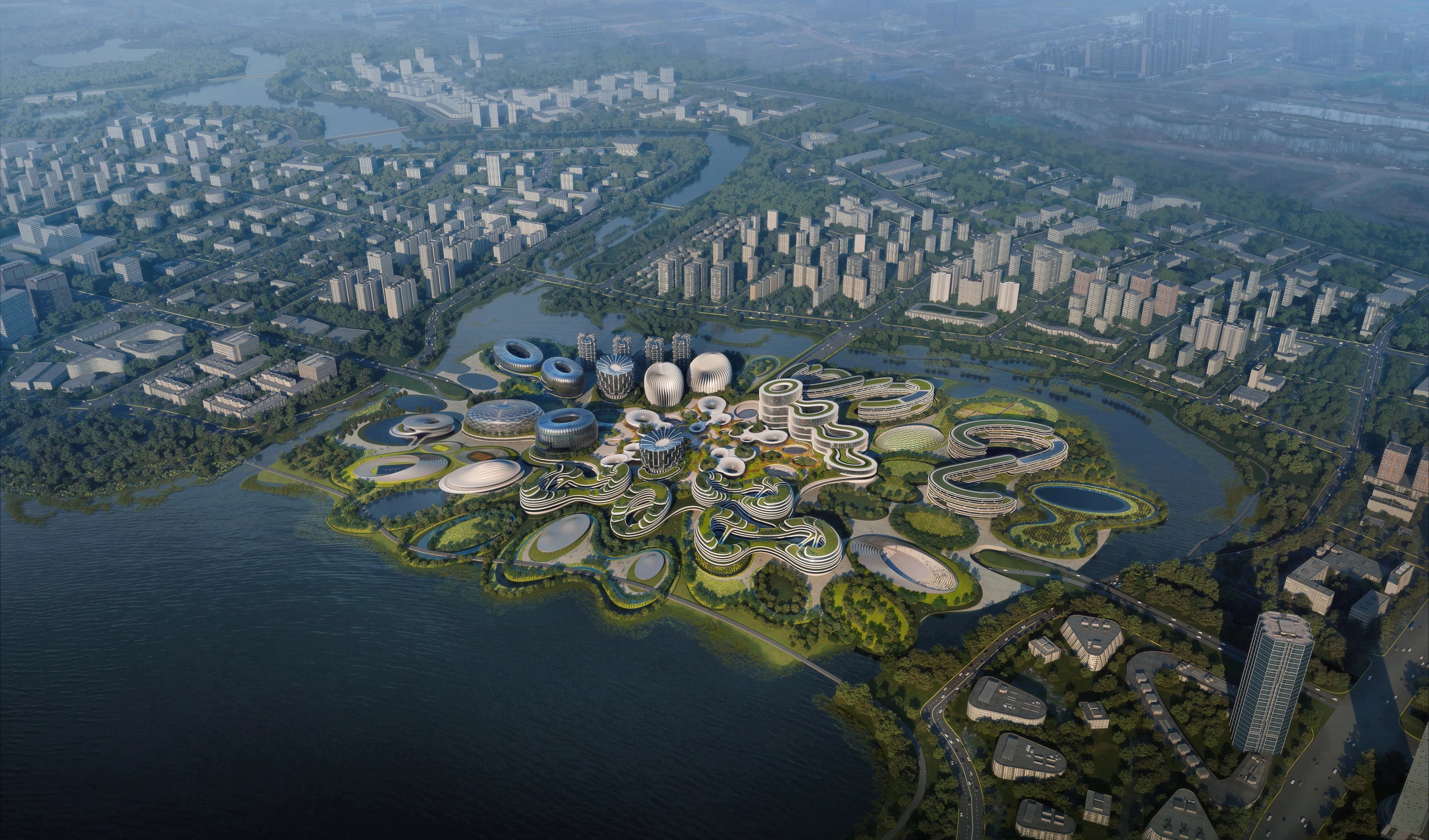 Render depicting a bird's eye view of the Unicorn Island masterplan