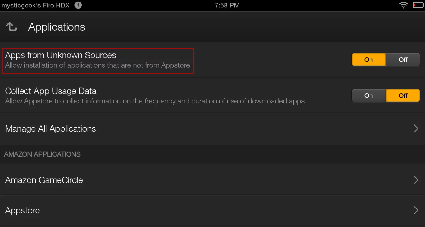 Enable installation of apps from unknown sources