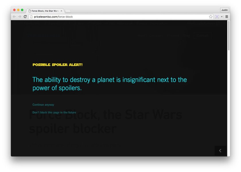 The Force Block extension for Google Chrome uses pattern detection to scan webpages for a Star Wars content before they are displayed