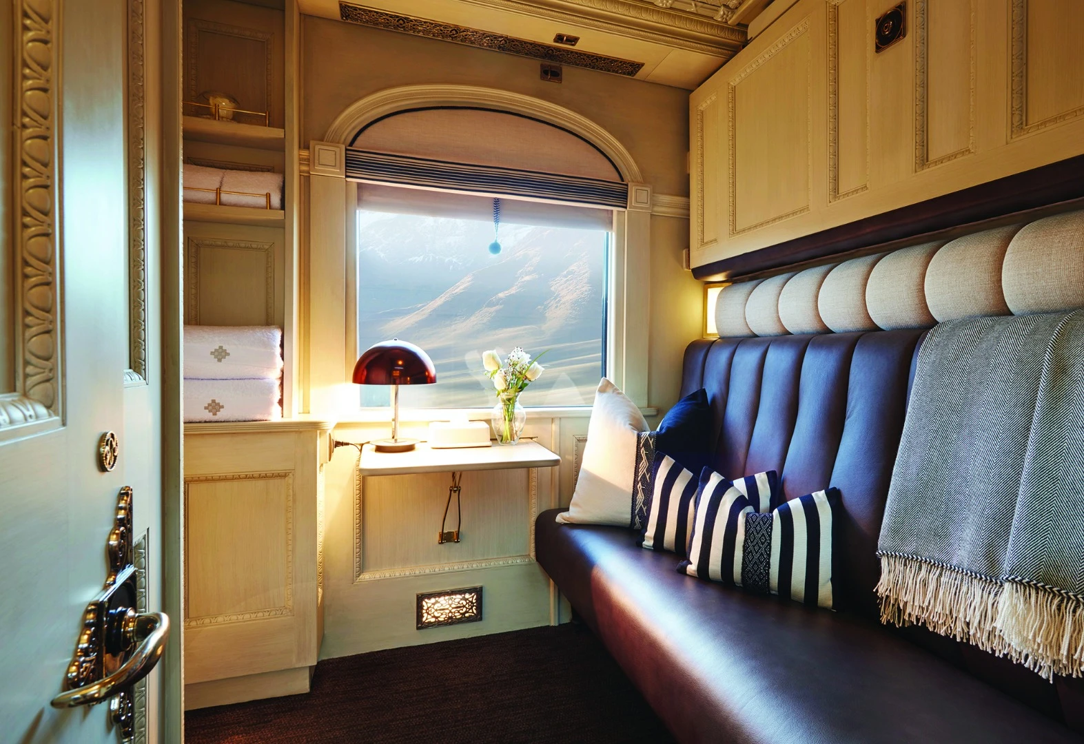 The interior of the Belmond Andean Explorer is inspired by the colors and textures of Peru's handwoven fabrics, along with the softer tones of Alpaca wool