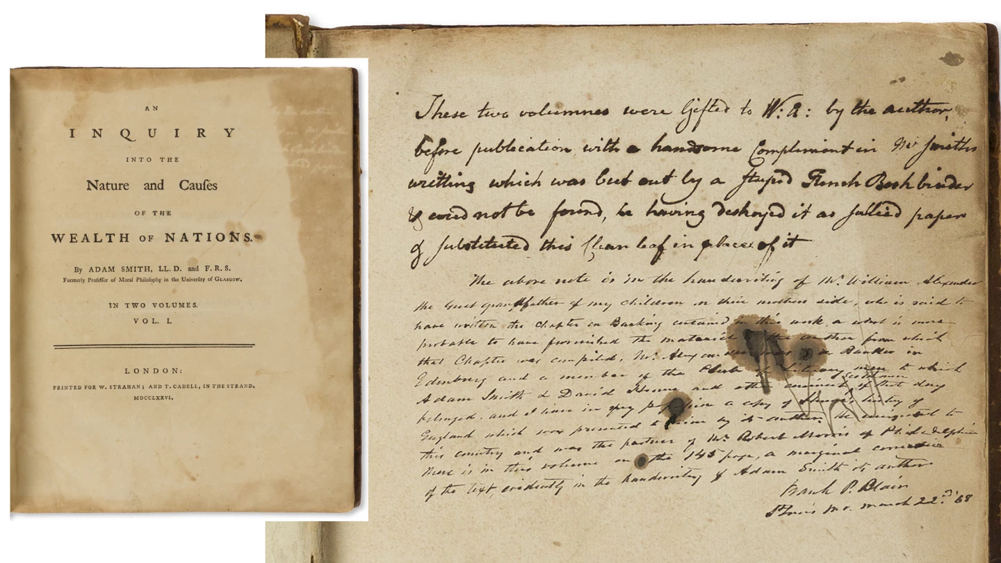 This first edition of Adam Smith’s “Inquiry into the Nature and Causes of the Wealth of Nations" (1776) sold for $125,000 at Swann Galleries on July 30, 2020