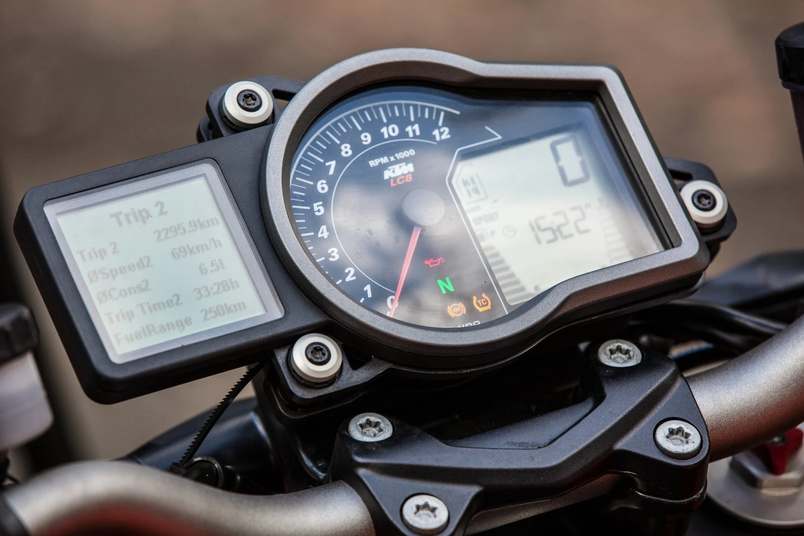 The KTM 1290 Super Duke R's main dash works fine, although the speedo overreads like crazy and the left side info/options panel is due for a refresh