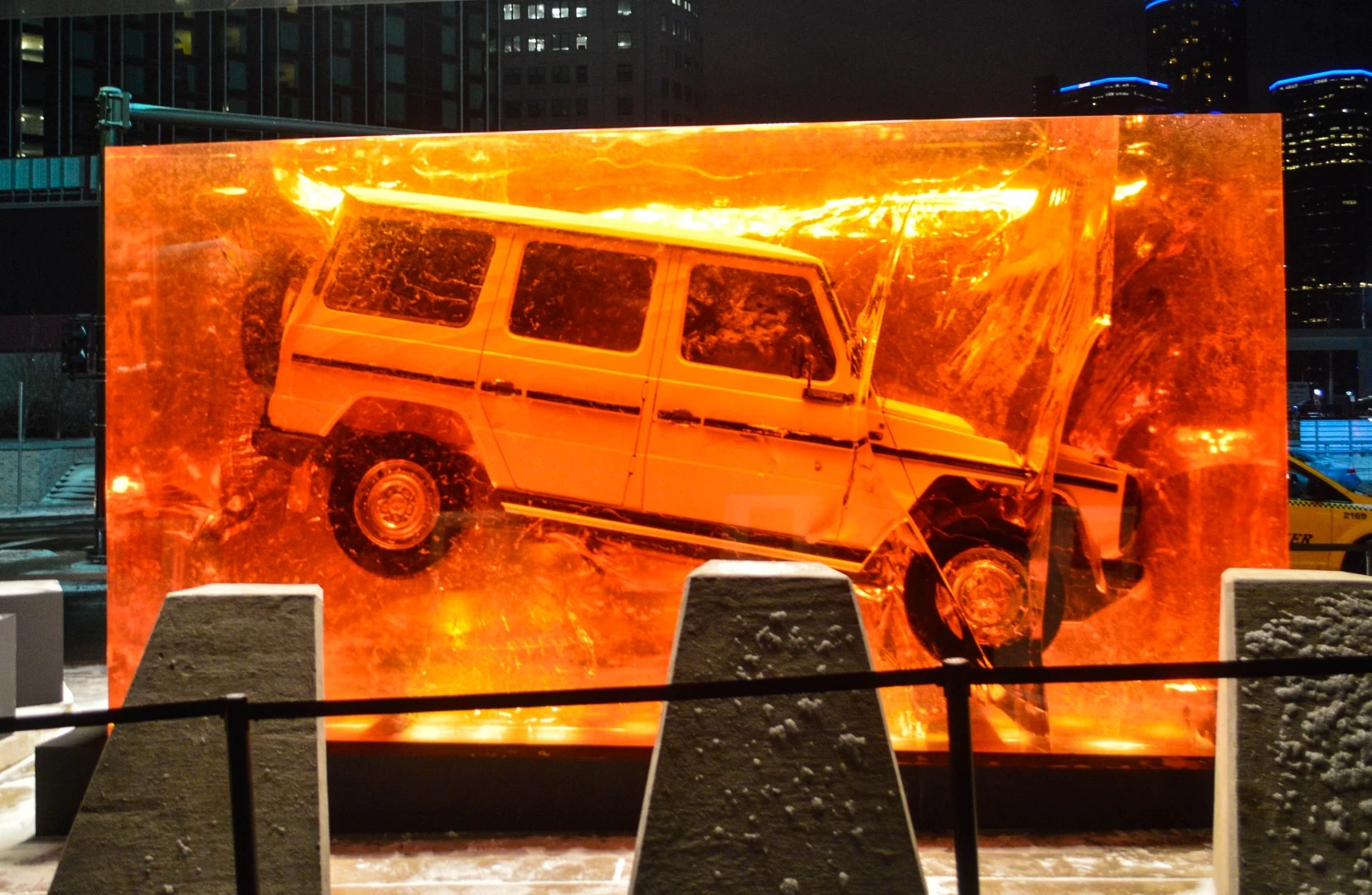 Celebrating the introduction of the all-new G-Class and the timelessness of Mercedes' rugged 4x4, the sculpture uses 44.4 tonnes of synthetic resin