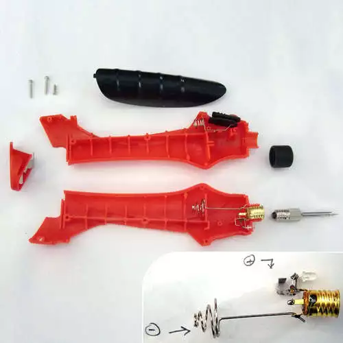 The soldering iron gets broken apart and the circuitry sketched