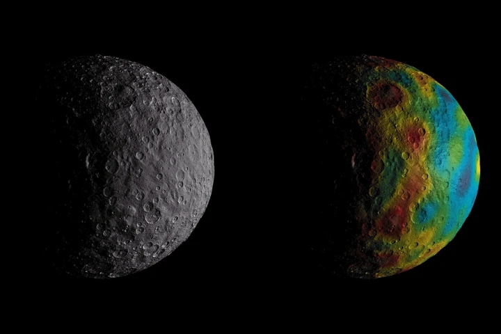 The color-coded map (right) shows the gravity measurements of the dwarf planet Ceres, which reveals data about its internal structure