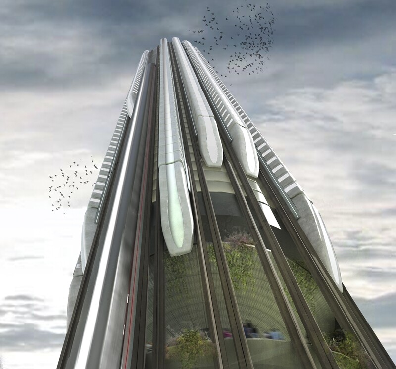 Honorable Mention - Hyper-Speed Vertical Train Hub by Christopher Christophi, Lucas Mazarrasa. (United Kingdom)