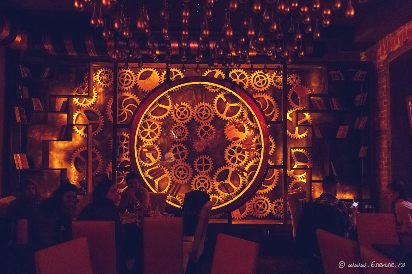 The Enigma Cafe boasts impressively intricate detailing, dominated by a large intricate clock