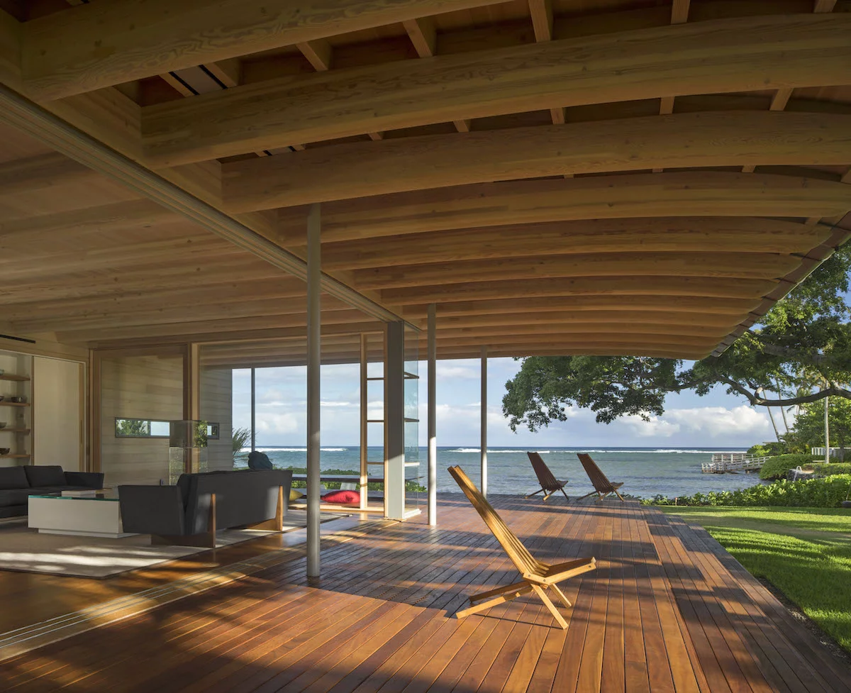 Honolulu's Island Residence was also designed by Bohlin Cywinski Jackson and is dominated by deep roof eaves which extend outward, providing shelter and prolonging the lifespan of the materials underneath