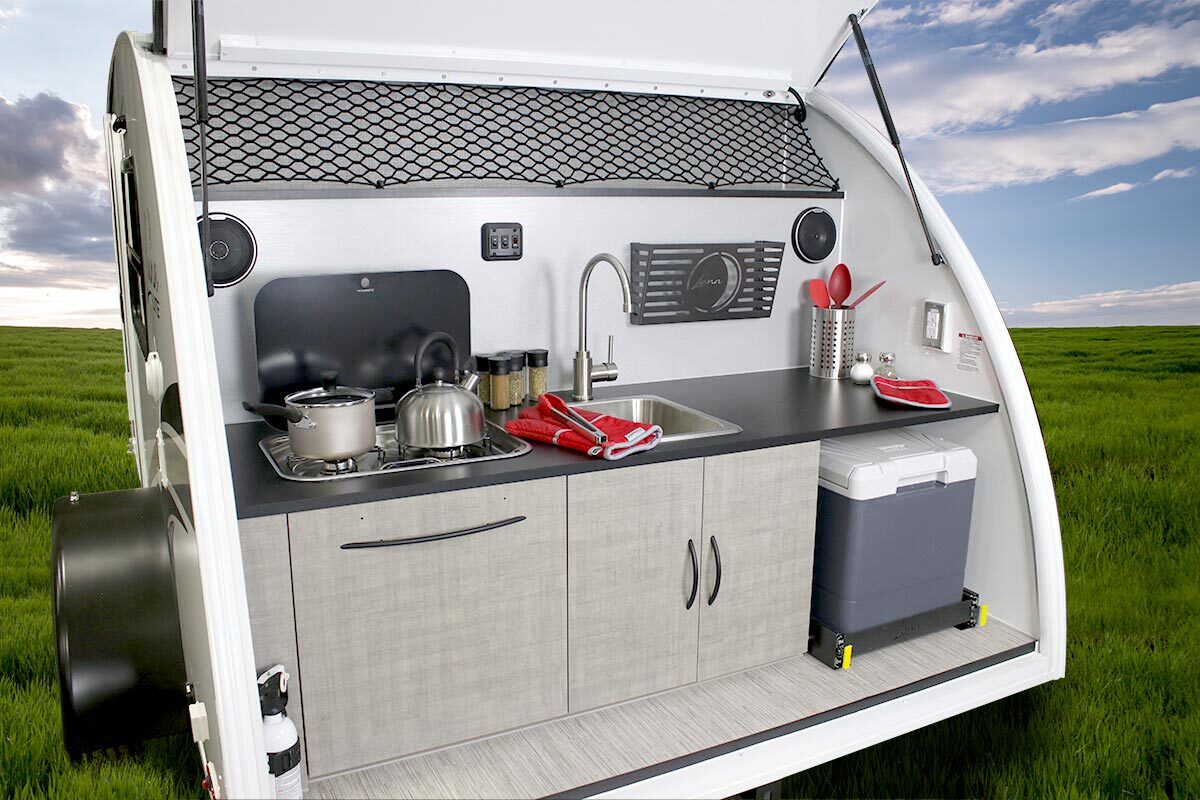 InTech Luna Lite/Rover kitchenette with dual-burner stove, sink and slide-out refrigerator
