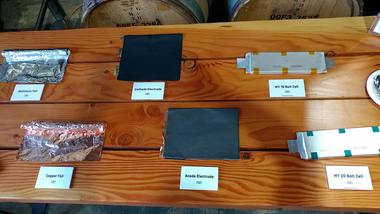 The components of a Bolt EV's wafer-type battery cells, along with a full 2020 model year cell at the bottom-right as compared to a full cell from a 2019 model year Bolt