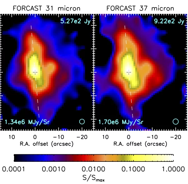 G35 protostar at wavelengths of 31 and 37 microns taken by the FORCAST instrument on the SOFIA in 2011