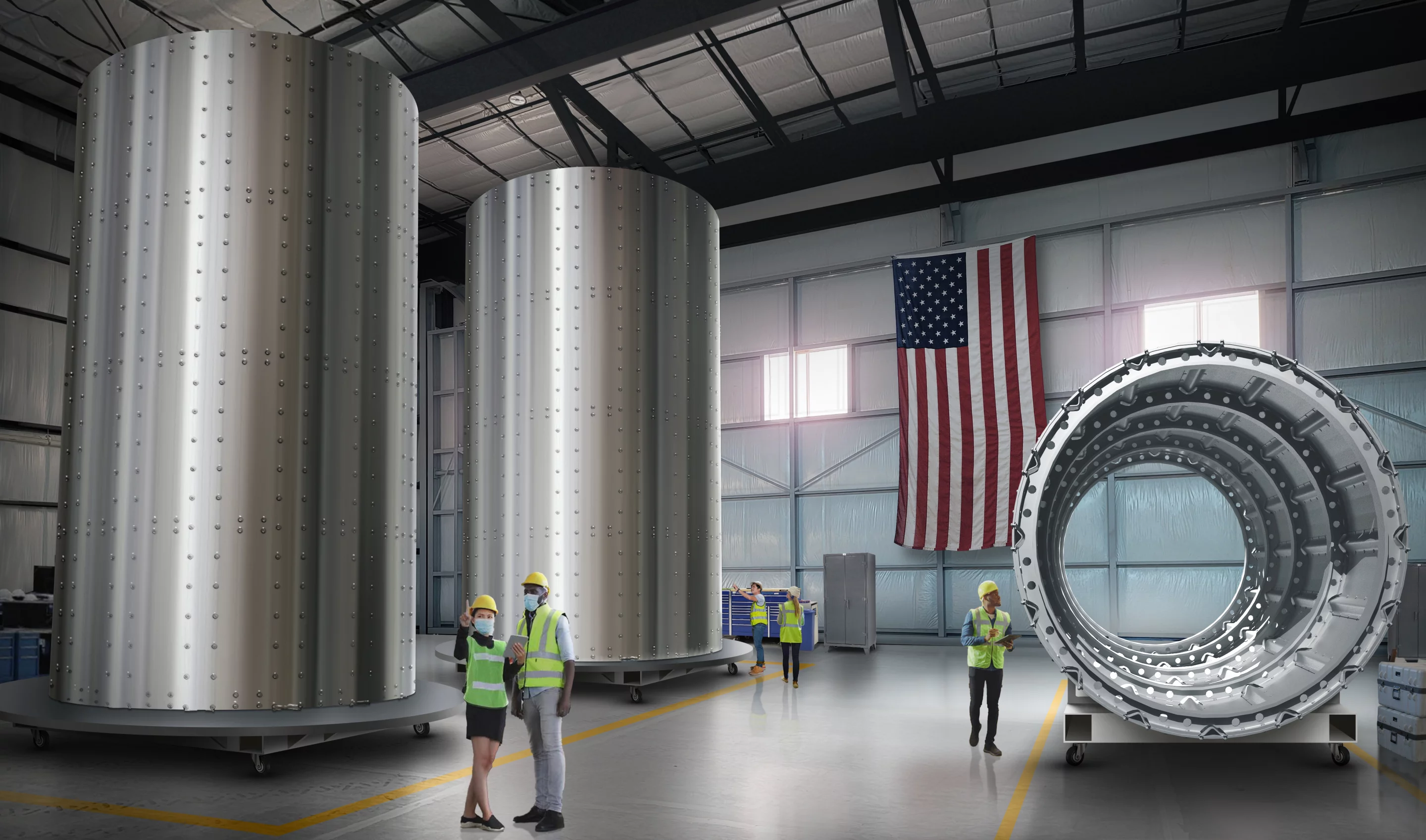 The Mantis system can print huge cylindrical assemblies in metal, such as the ones in this render