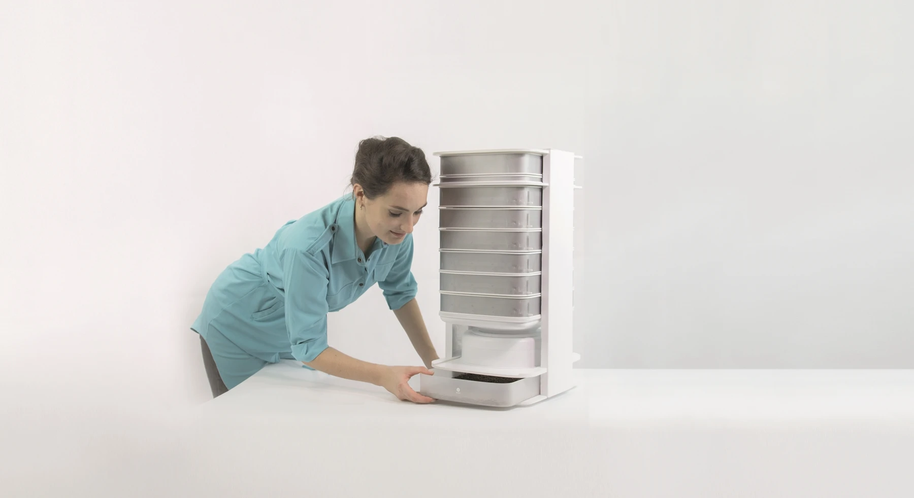 The Livin Farms Hive uses mains power, sensors and heating to provide the ideal microclimate for mealworms to develop